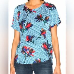 Equipment Femme 100% Silk Scoop Neck Shortsleeved Blue Floral Top M